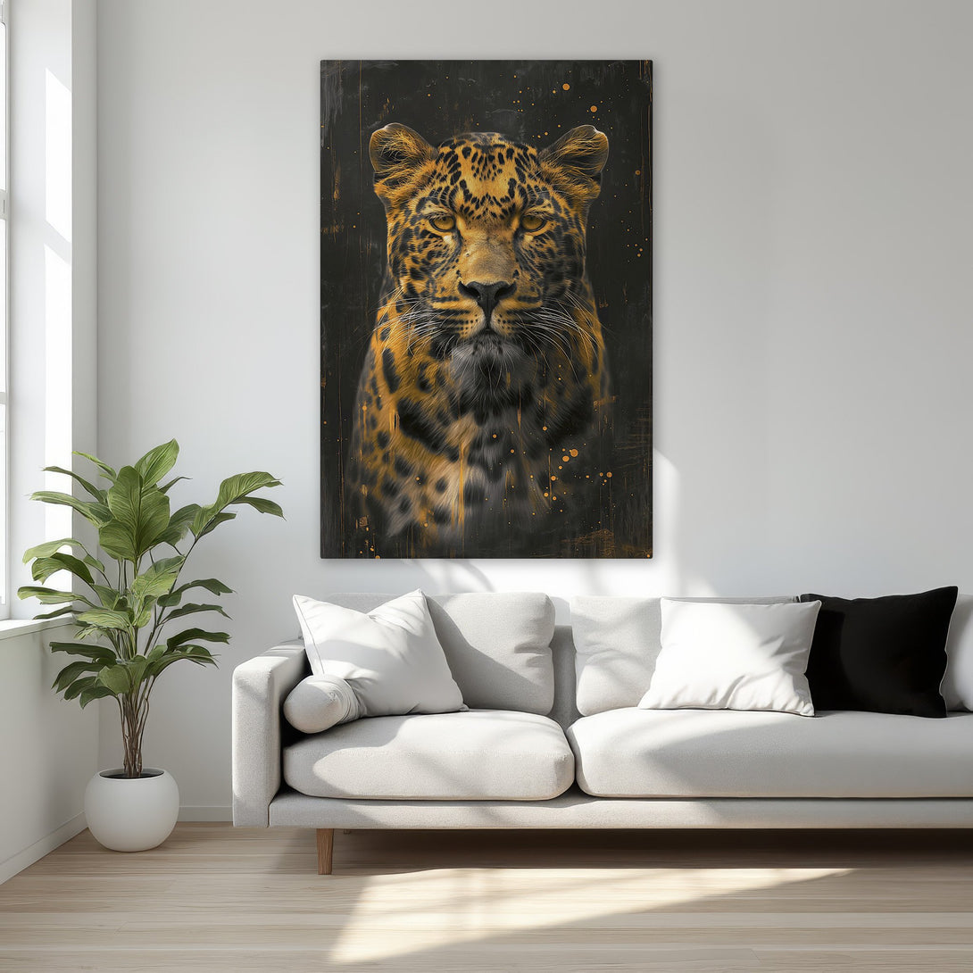 Framed Wall Art featuring a majestic leopard portrait in warm gold and black tones. Add a touch of luxury with this stunning canvas print.