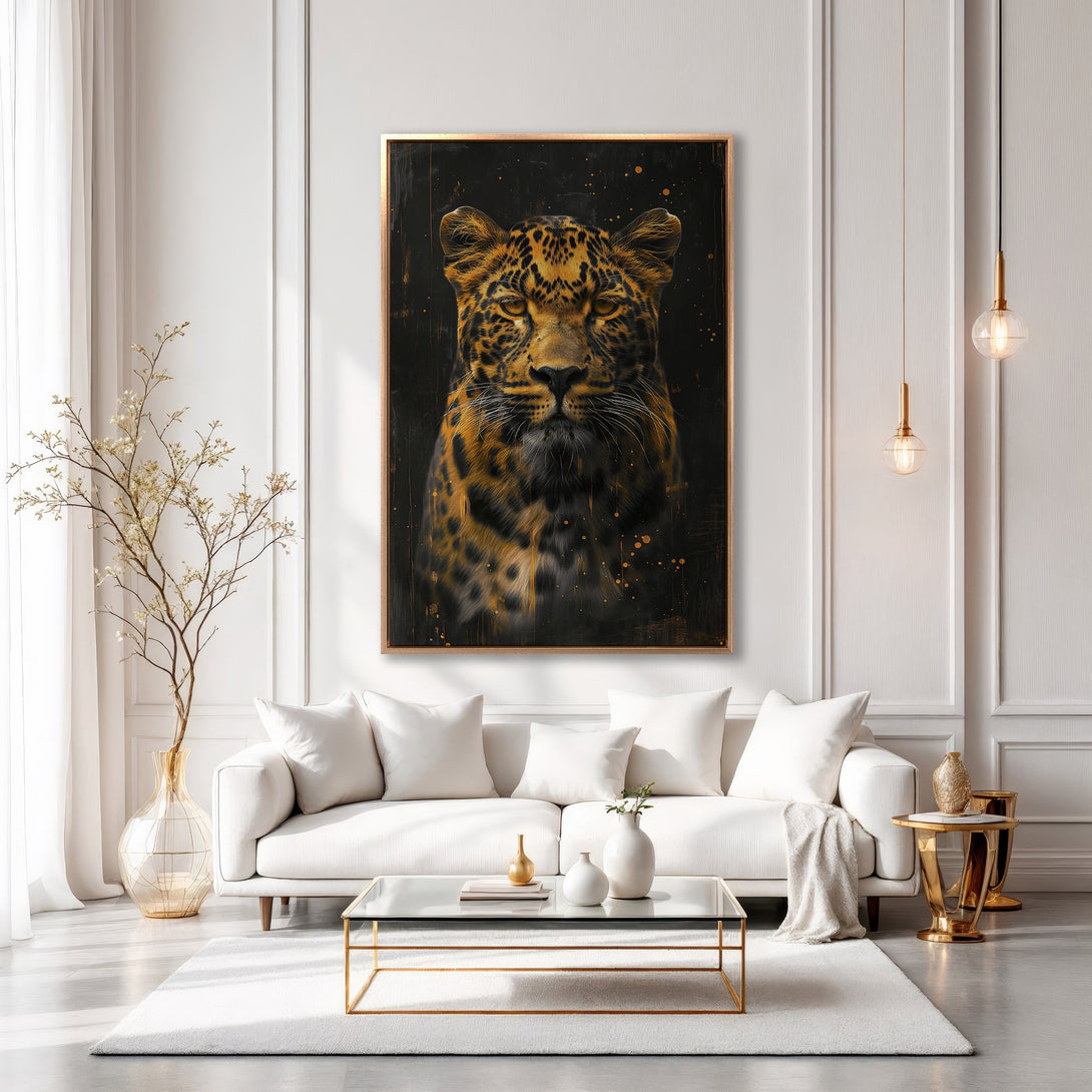 Framed Wall Art: Stunning leopard portrait in warm gold and black tones. Modern canvas print adds a touch of luxury to any living room decor. Shop now!