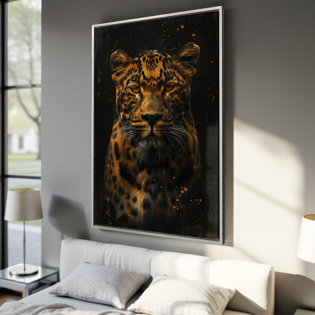 Framed Wall Art: Fierce leopard portrait in warm gold and black tones. Modern canvas print perfect for adding a touch of wild elegance to any room.