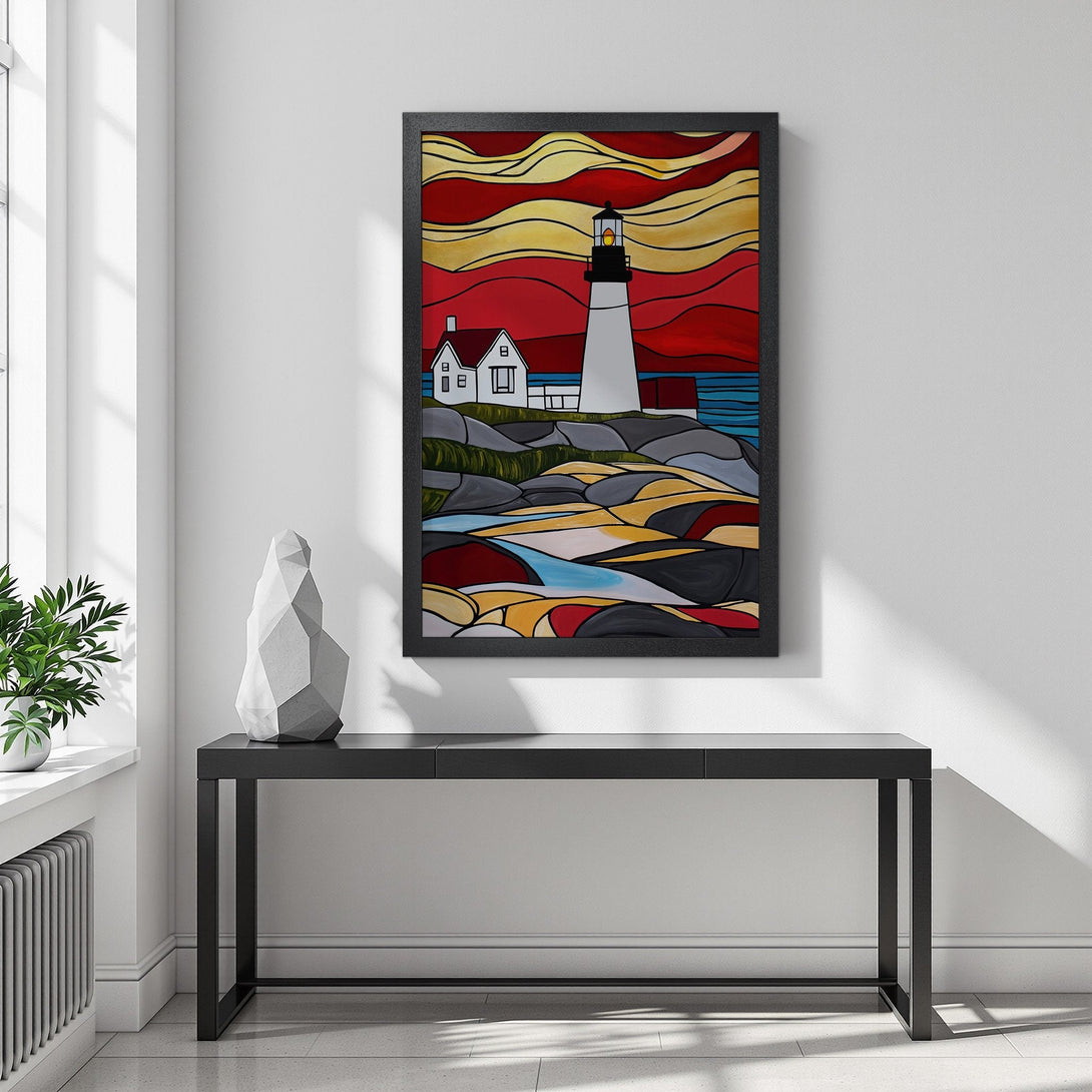 Framed Poster featuring a lighthouse landscape in a vibrant, abstract style with a warm red, yellow, and blue color palette. Perfect wall art!