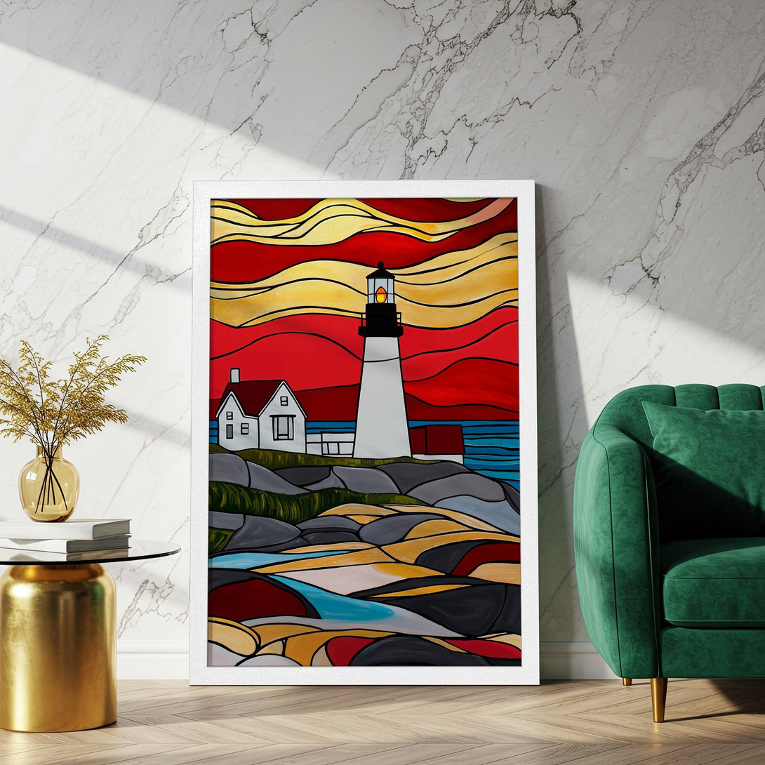 Framed Poster featuring a lighthouse art print. Vibrant red, yellow, and blue color palette, modern style. Perfect wall decor!