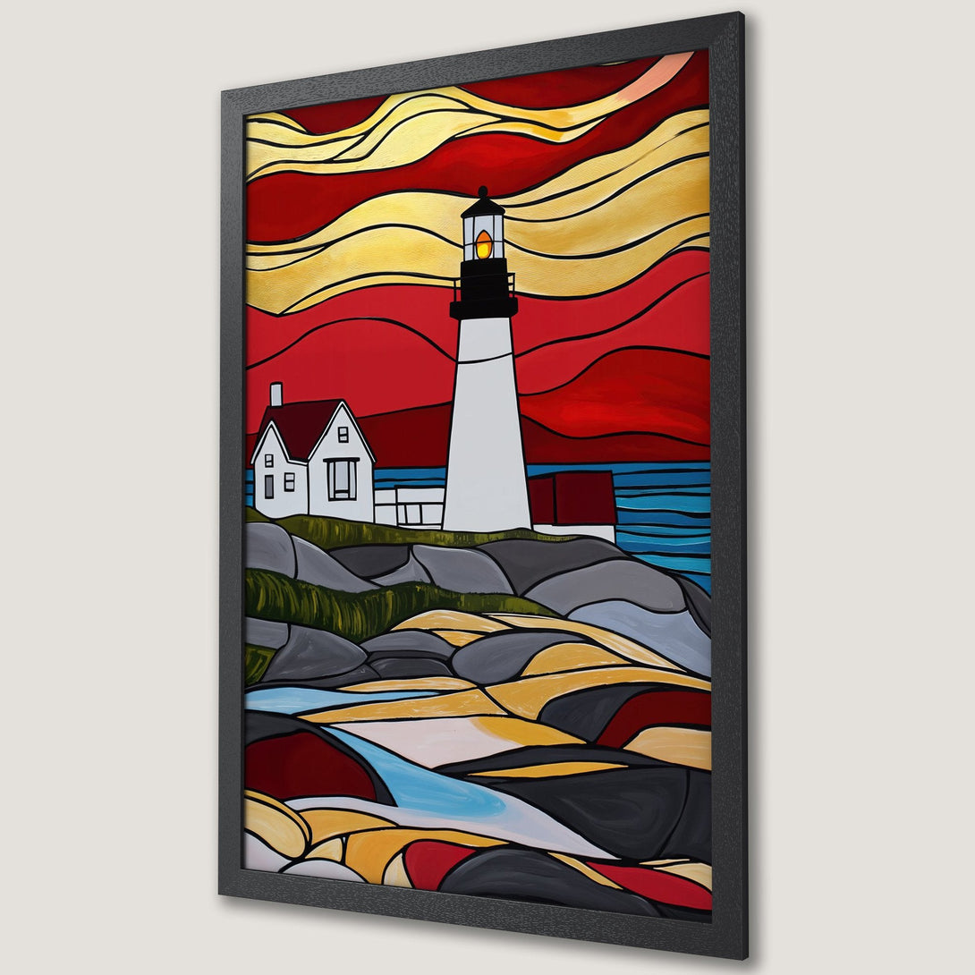 Framed Poster of a lighthouse art print. Vibrant red, gold, and blue color palette. Coastal art in a modern style.