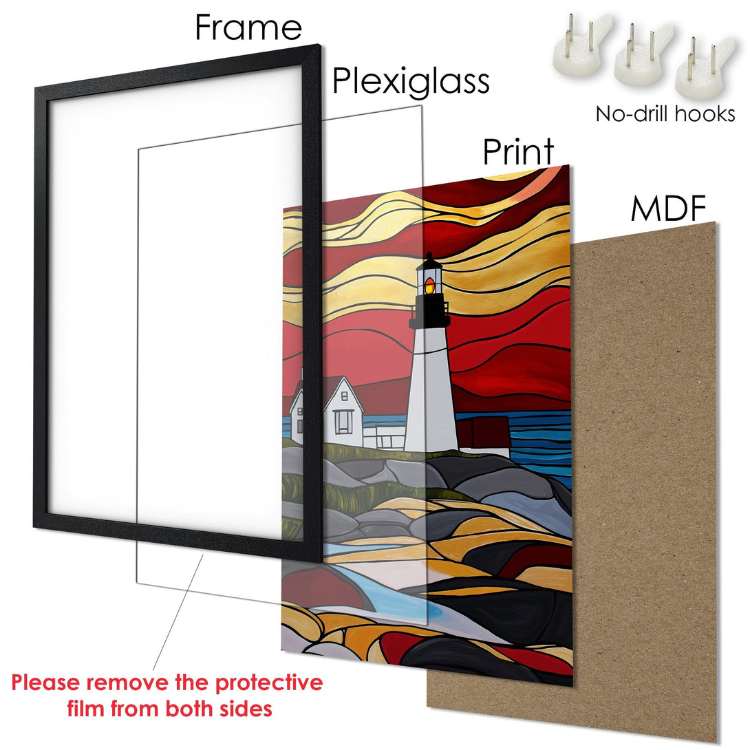 Framed Poster featuring a lighthouse in a vibrant, abstract style with a warm red, yellow, and blue color palette.