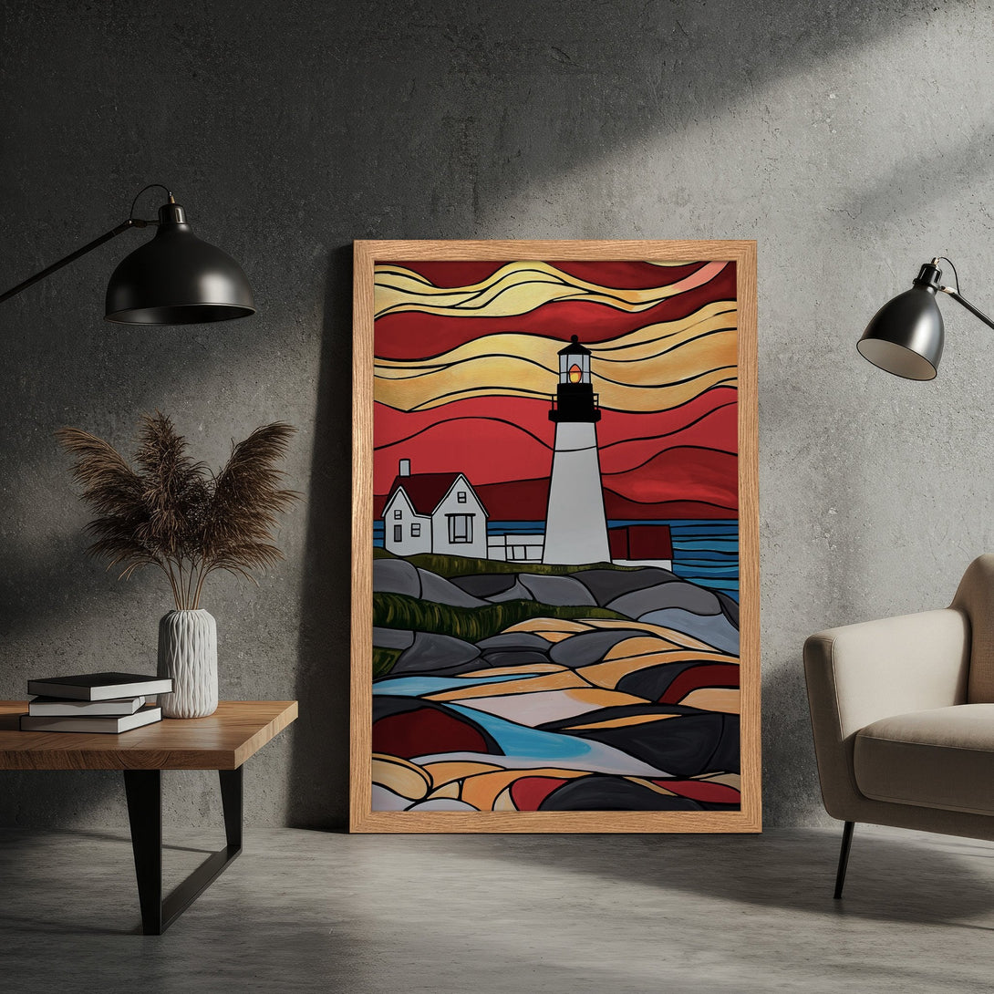 Framed Poster of a lighthouse at sunset, stained-glass style. Red, yellow, and blue color palette. Add coastal charm to your home!