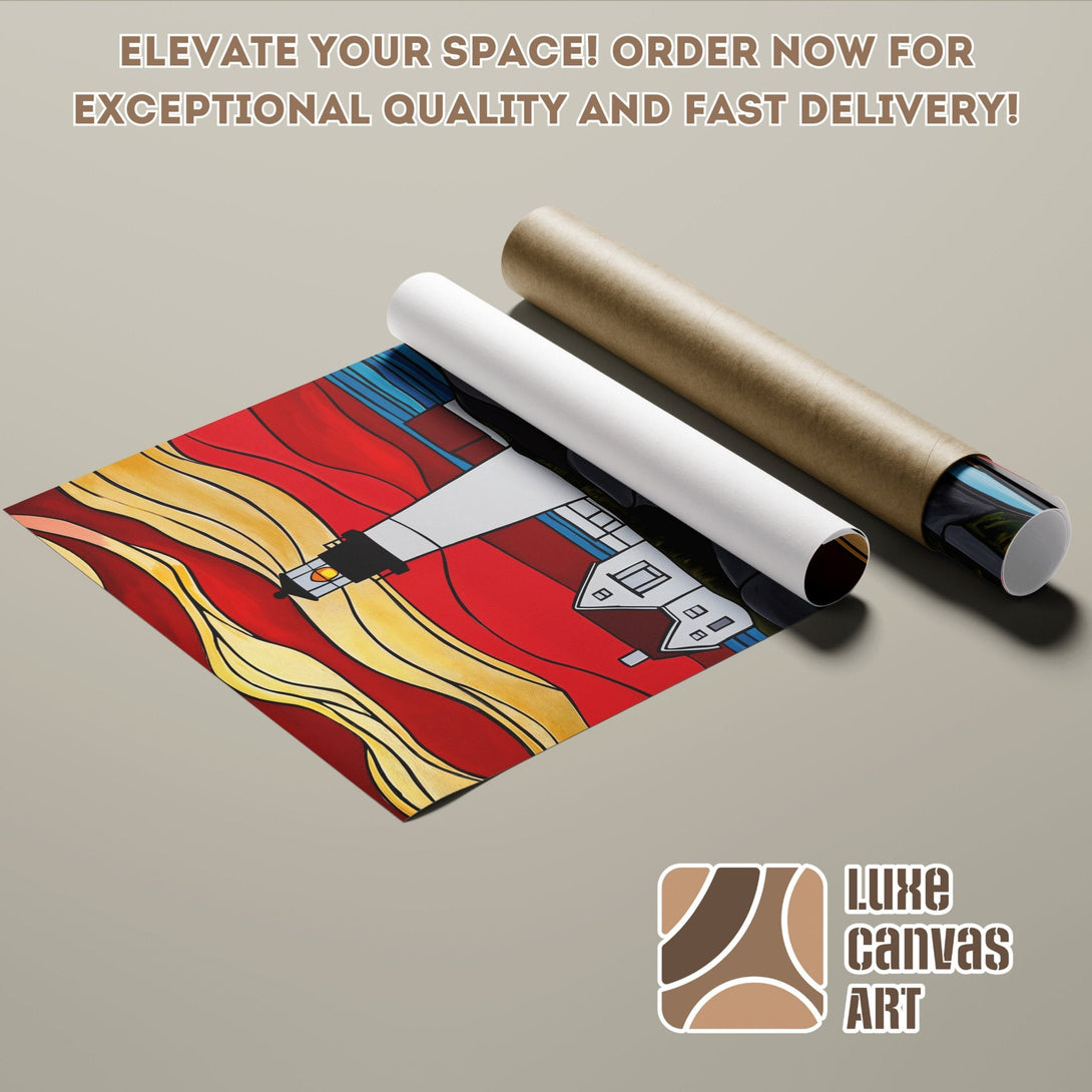 Abstract art poster roll with red, yellow, and blue color palette. Elevate your space with Luxe Canvas Art!