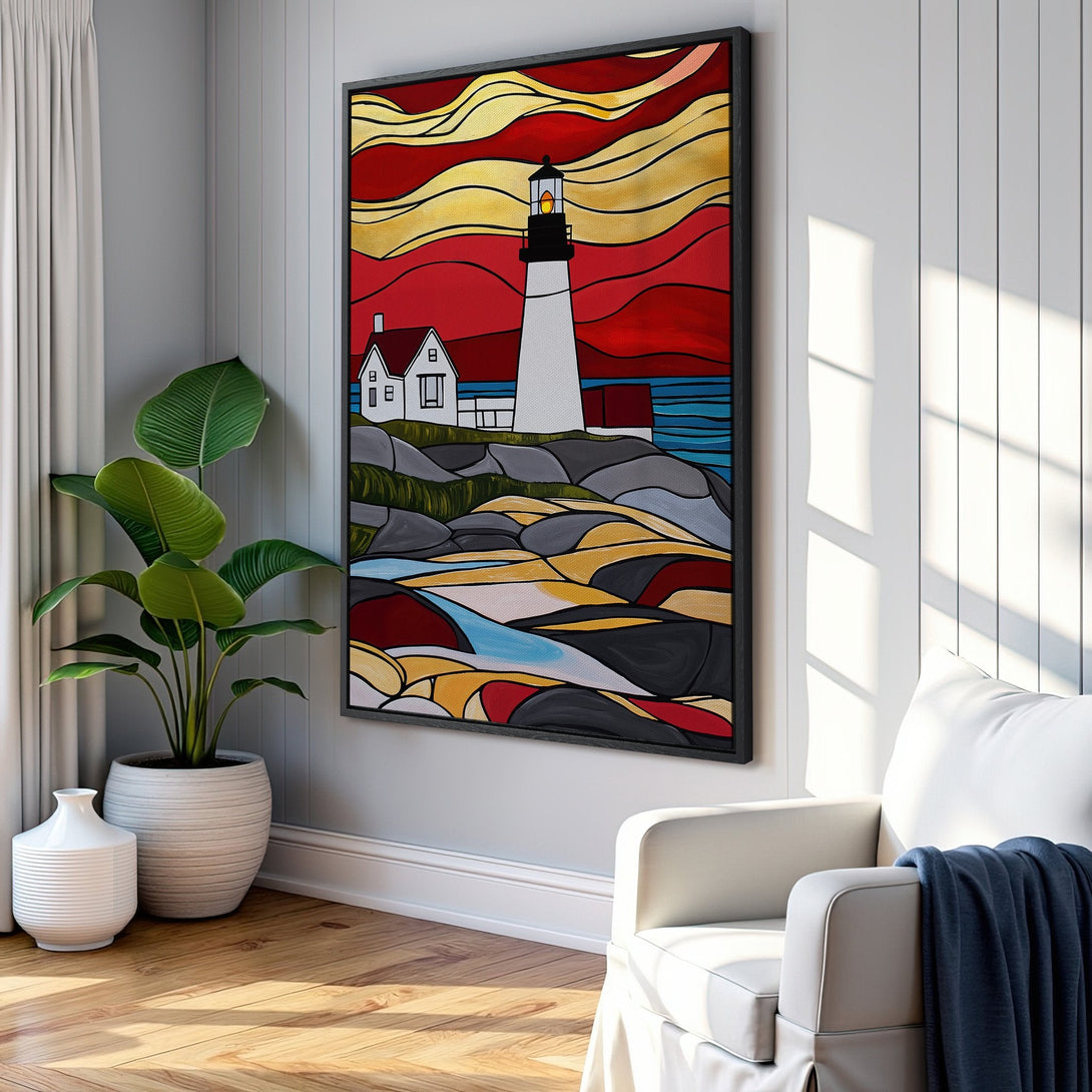 Framed Wall Art of a lighthouse in a vibrant, stained-glass style. Featuring a warm red, yellow, and blue color palette, perfect for coastal decor.