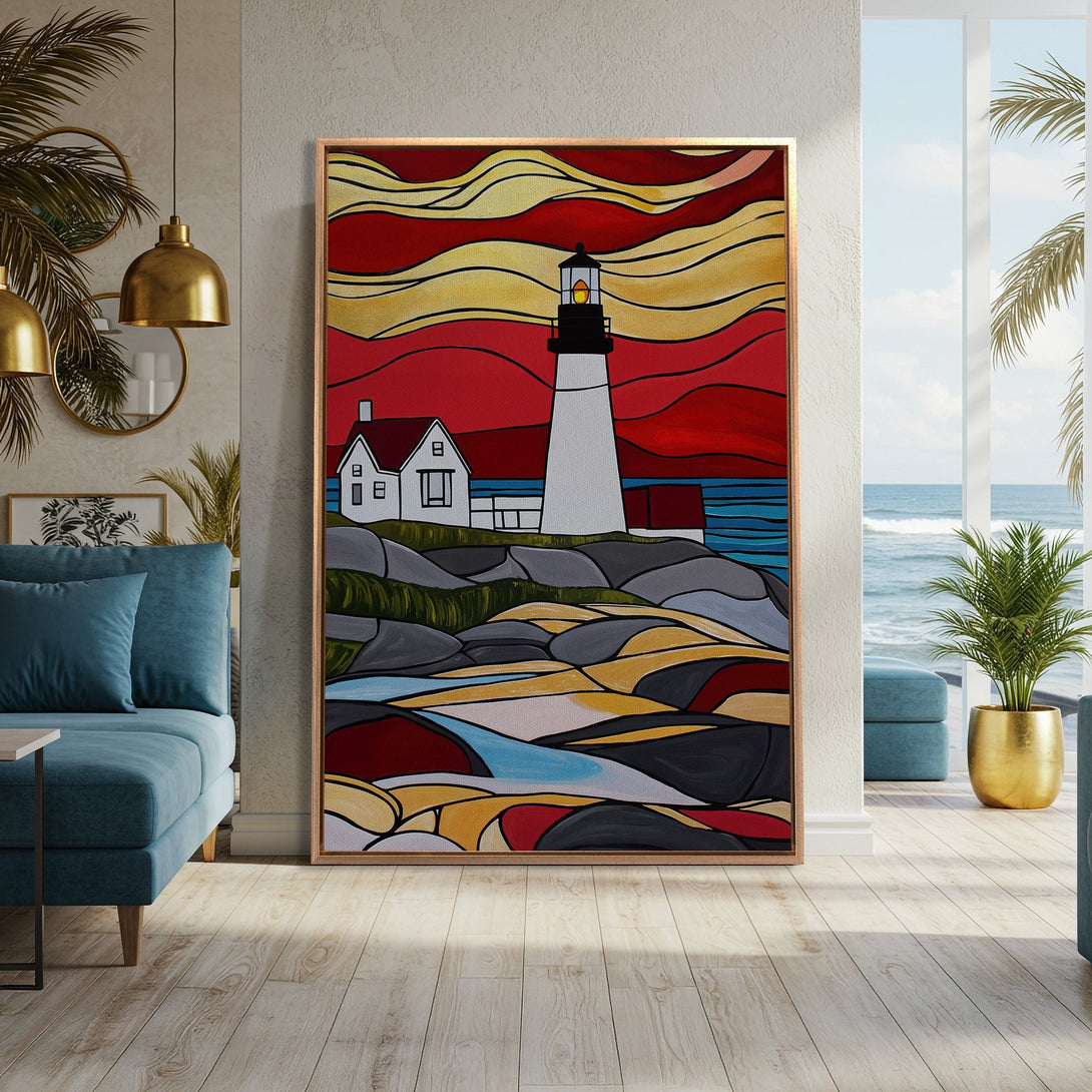 Framed Wall Art: Lighthouse Canvas Print in vibrant red, yellow, and blue hues. Modern coastal art perfect for living room decor. Shop now!