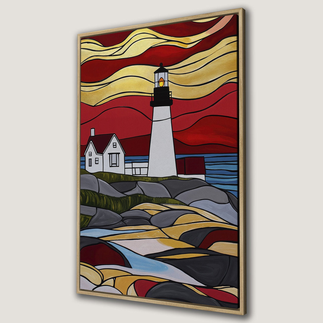 Framed Wall Art: Lighthouse Canvas Print in bold colors. Modern coastal art with red, gold, and blue palette. Perfect for adding a pop of color to your home!