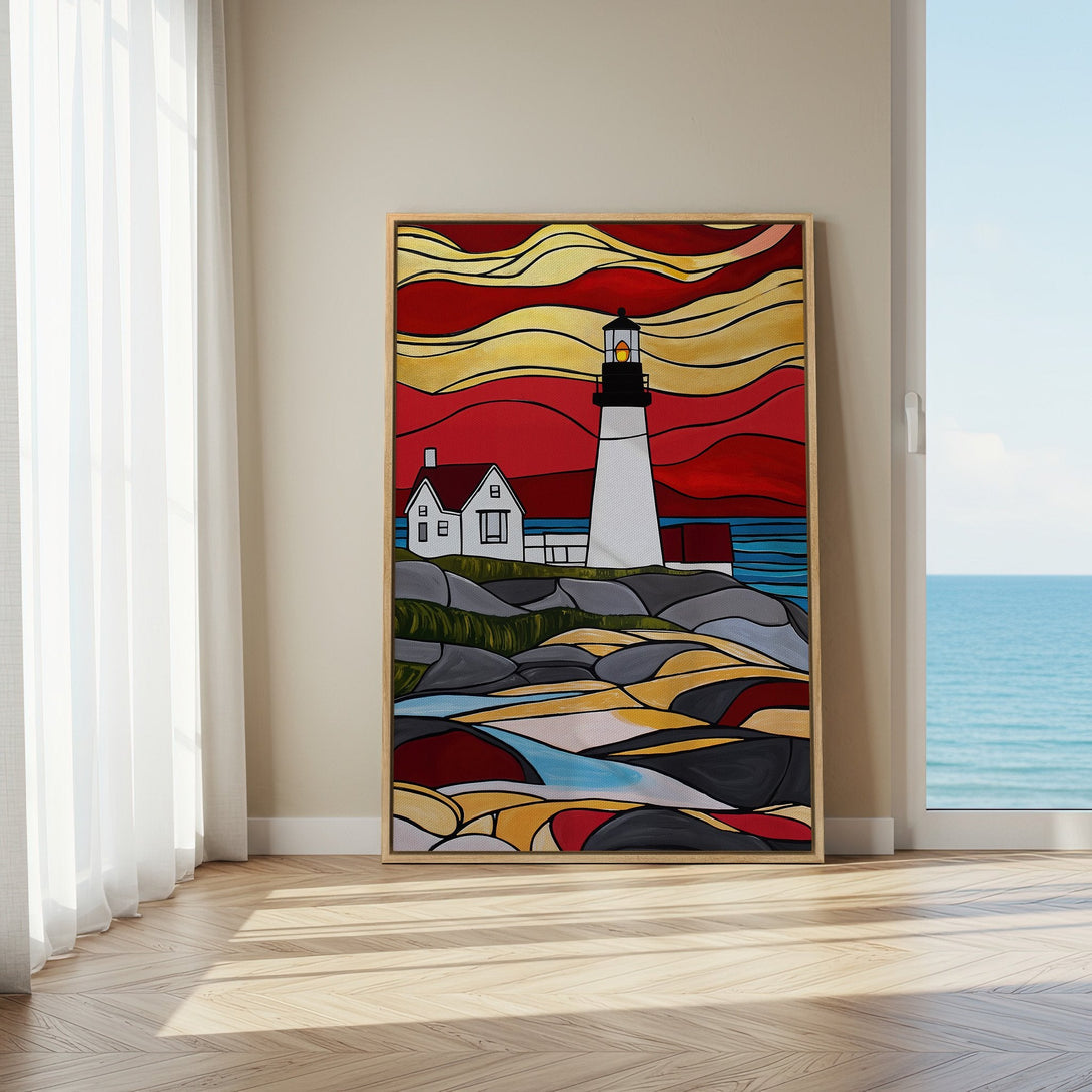 Framed Wall Art: Lighthouse painting with vibrant red, yellow, and blue hues. Modern coastal style canvas print adds a pop of color to any room.