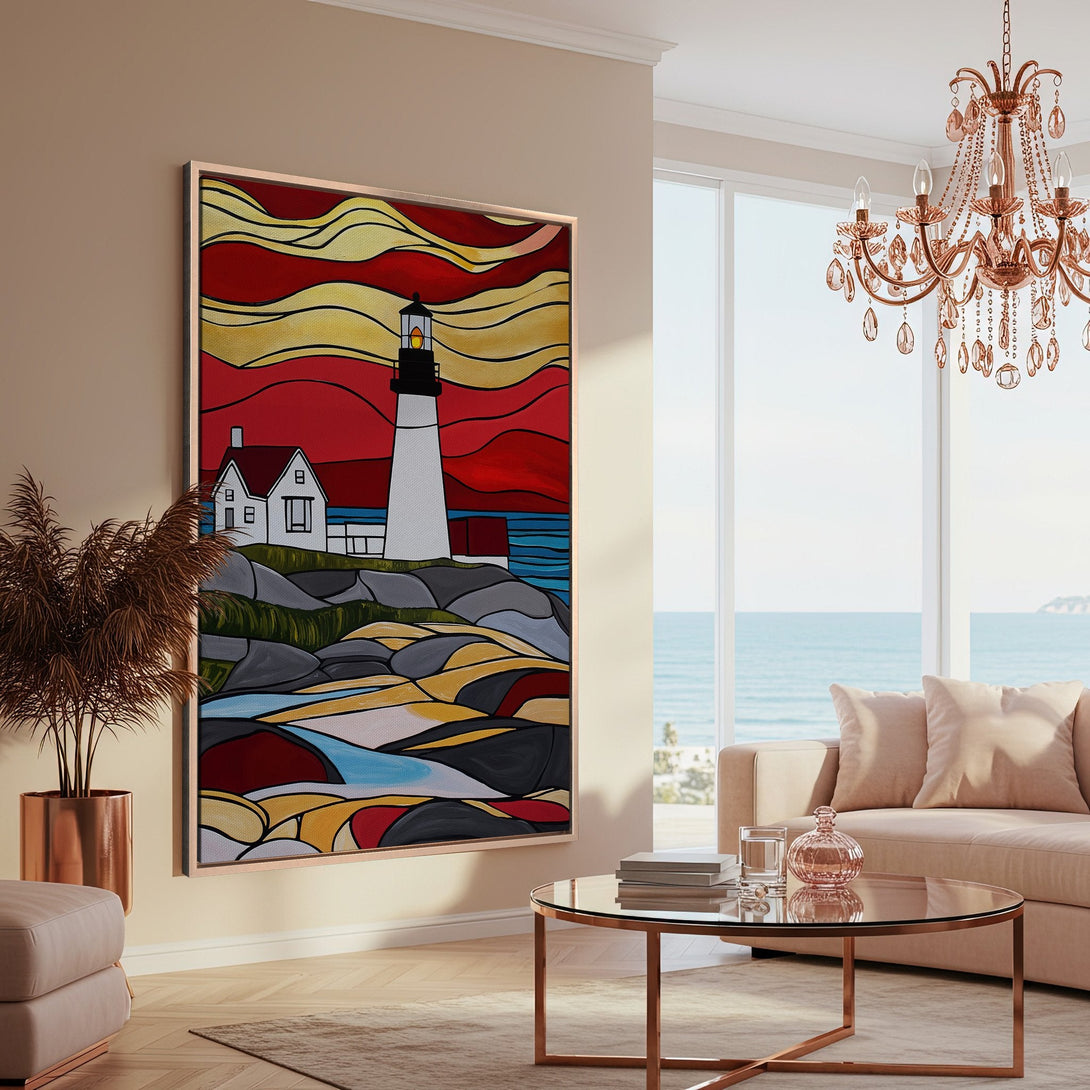 Framed Wall Art: Lighthouse painting in a colorful, stained-glass style. Red, yellow, and blue hues create a vibrant coastal scene, perfect for modern decor.