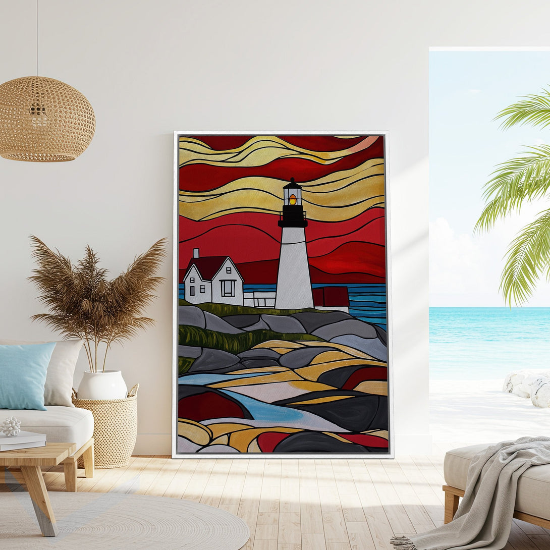 Framed Wall Art: Lighthouse painting in a vibrant, stained-glass style. Red, yellow, and blue color palette. Perfect coastal decor for your home.