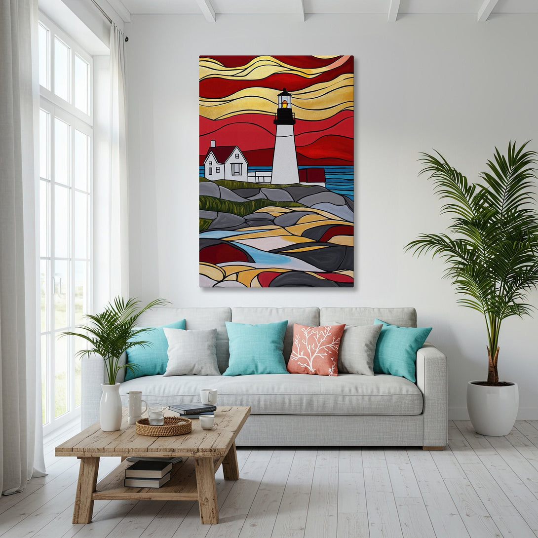 Framed Wall Art of a lighthouse in a vibrant, stained-glass style, with a red, yellow, and blue color palette, enhancing coastal decor.