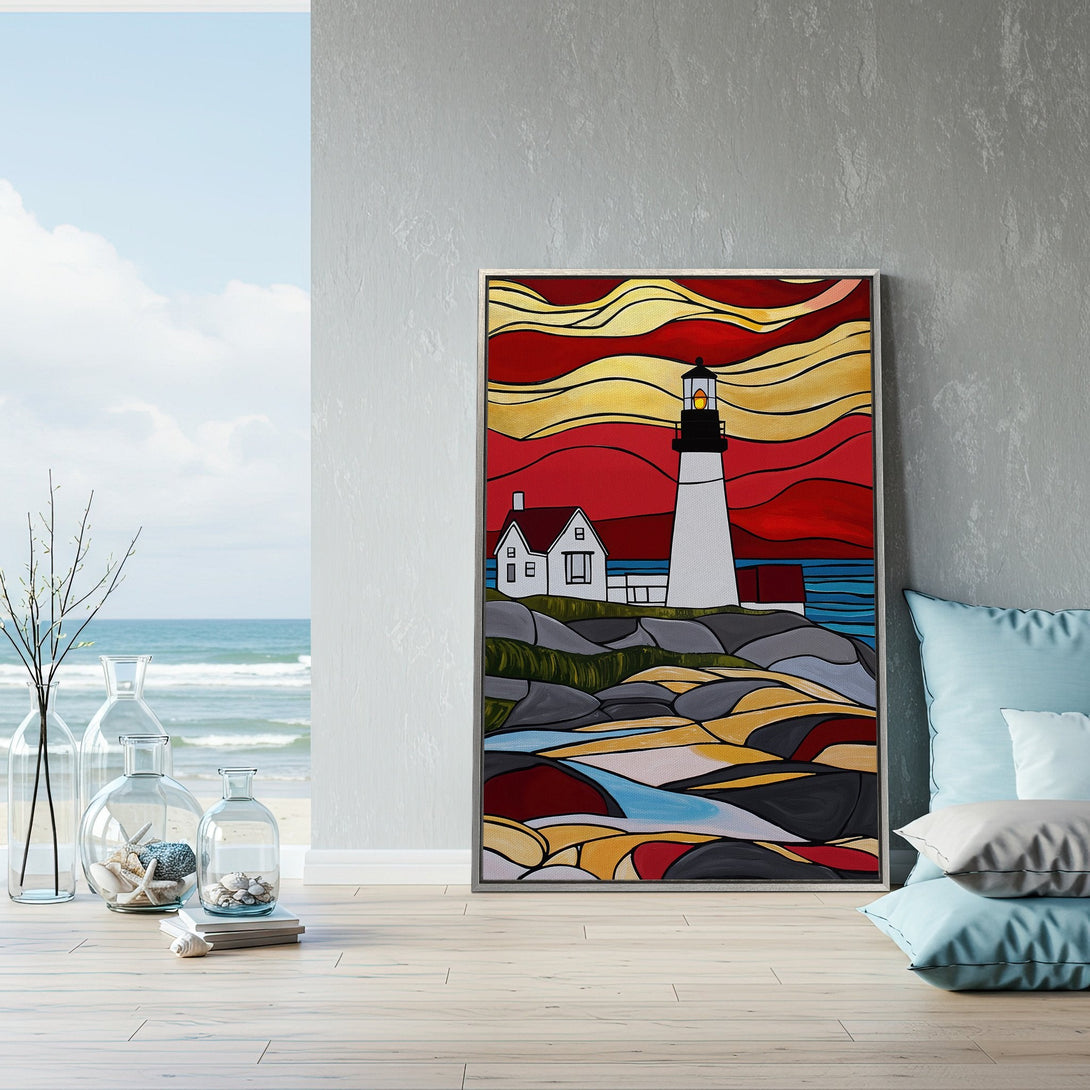 Framed Wall Art: Lighthouse painting in vibrant red, yellow, and blue hues. Coastal art to brighten any space!