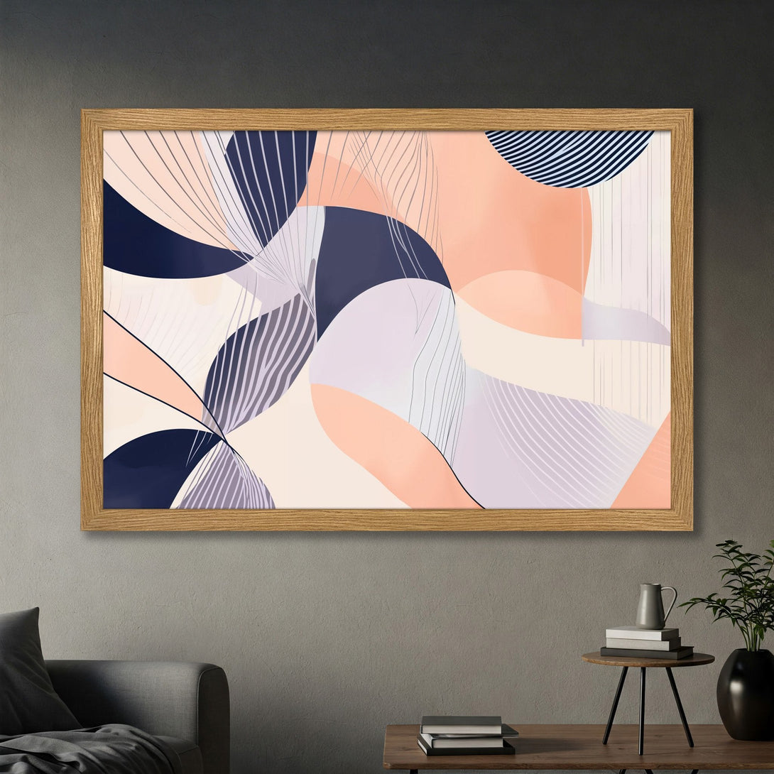 Framed Poster featuring abstract art with soft shapes and lines in a muted color palette of peach, navy, and cream. Perfect wall decor!