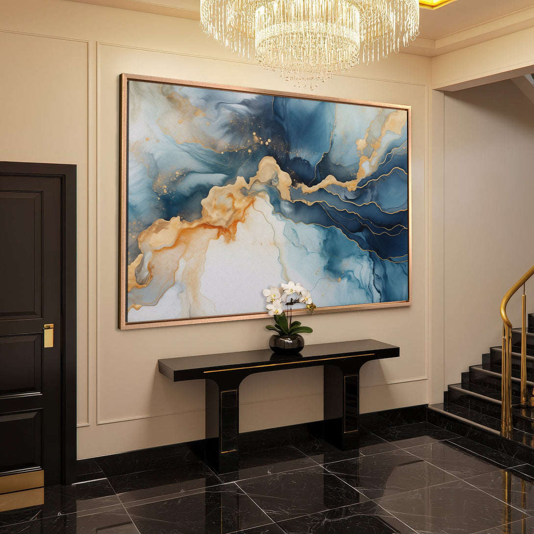 Framed Wall Art: Abstract blue and gold canvas print in a luxurious interior. Modern art with a sophisticated color palette. Enhance your home decor!