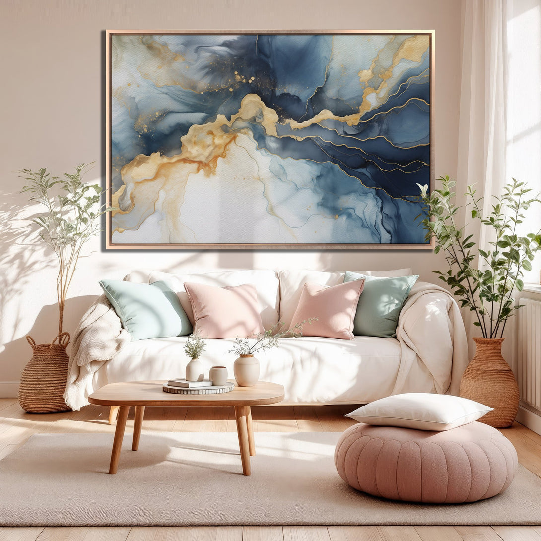 Framed Wall Art: Abstract blue and gold canvas print, perfect for modern living rooms. Enhance your space with this stylish artwork.