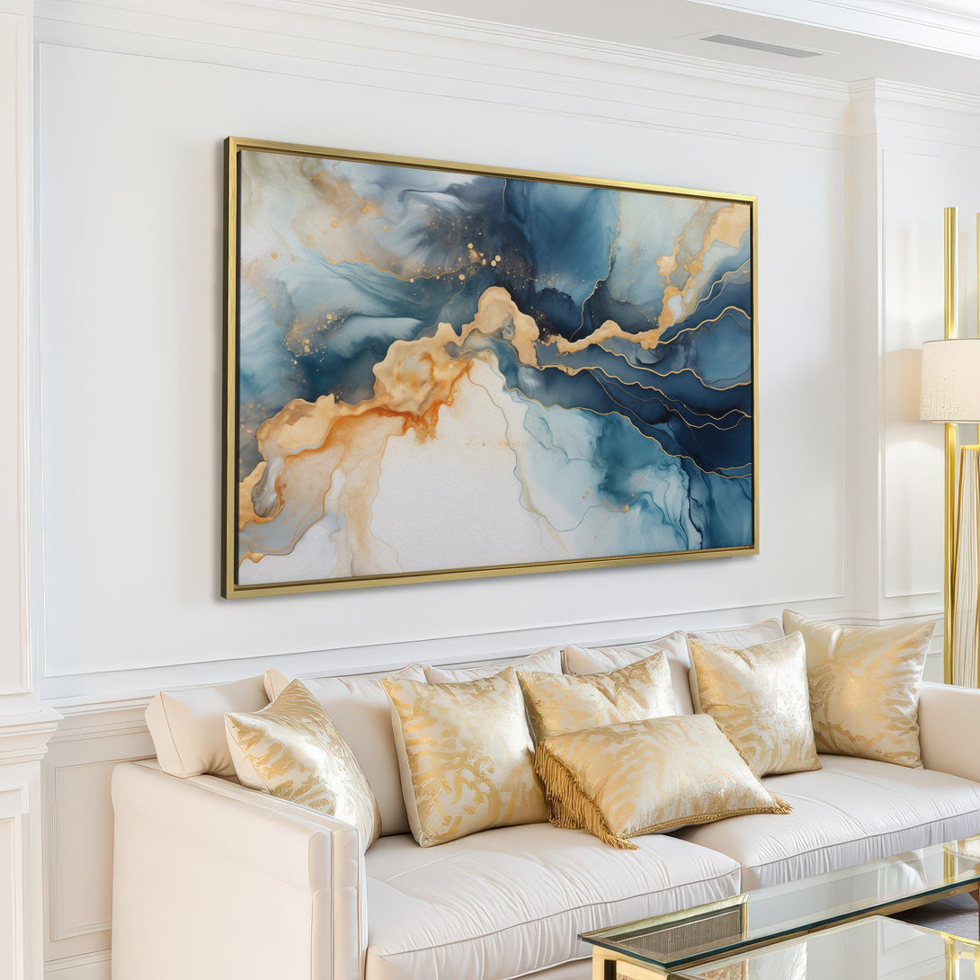 Abstract Canvas Print in blue, gold, and white. Modern art style adds elegance to any interior. Shop now for stunning wall decor!