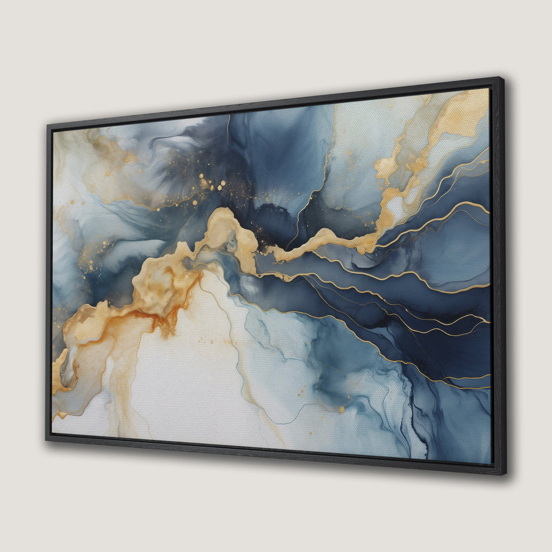 Framed Wall Art: Abstract fluid art Canvas Print in blue, gold, and white. Modern art perfect for any space. Shop now!
