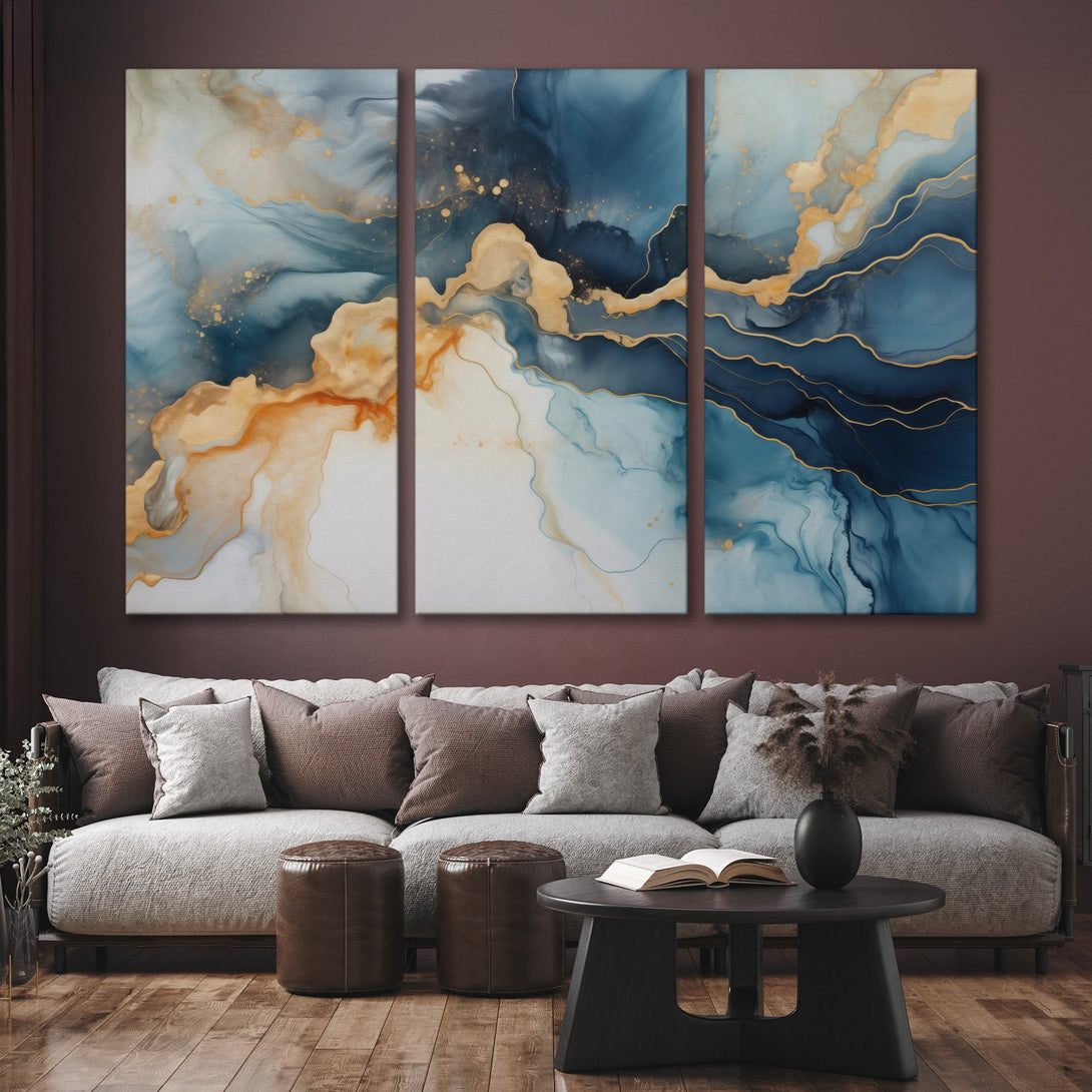 Abstract Canvas Print triptych in blue, gold, and orange. Modern wall art for living room decor.