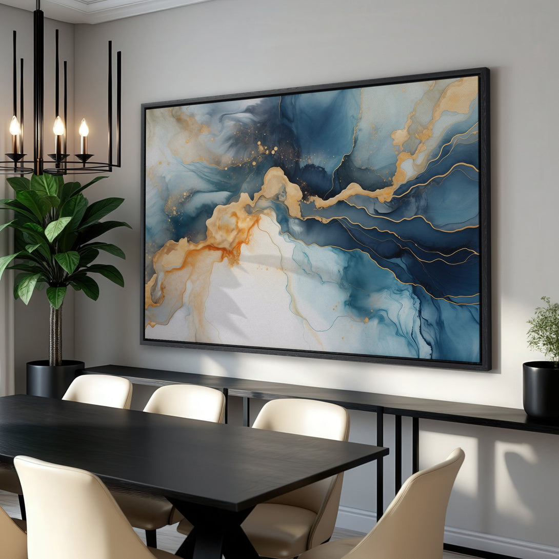 Framed Wall Art: Abstract blue & gold canvas print. Modern art with fluid, watercolor-like style. Perfect for living rooms & dining rooms. Elevate your decor!