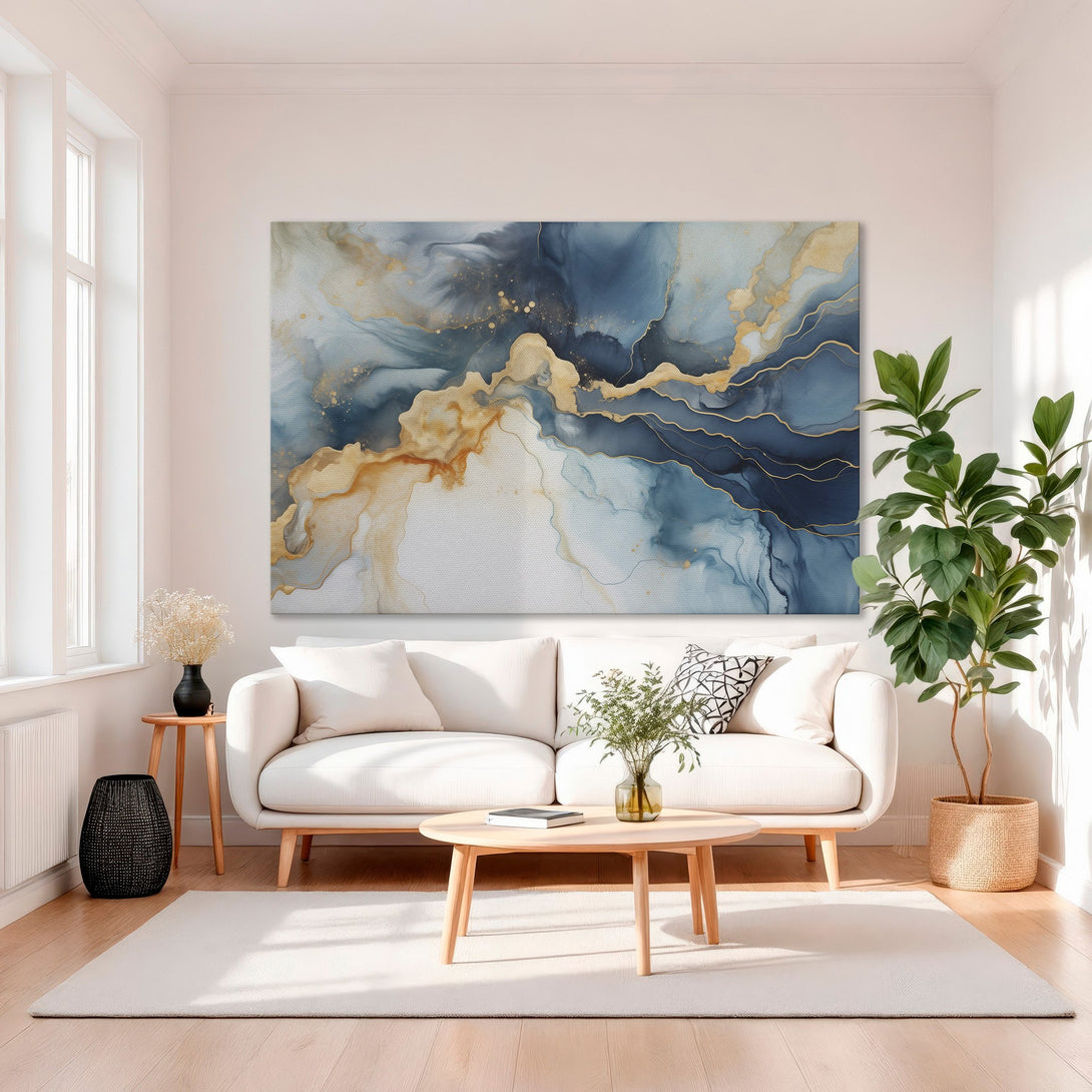 Framed Wall Art: Abstract blue & gold canvas print. Modern art for living room decor. Luxurious style with a calming color palette.