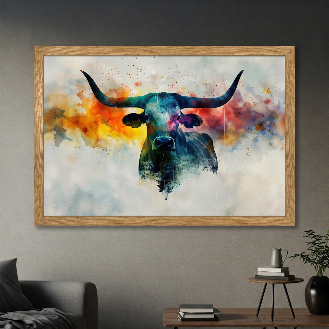Framed Poster featuring a watercolor bull. Vibrant, colorful artwork with a warm, earthy palette. Perfect wall art for any space.