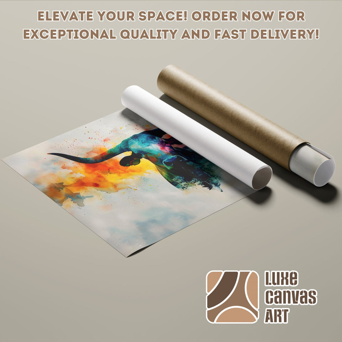 Abstract watercolor Poster Roll featuring a bull, vibrant colors. Elevate your space!