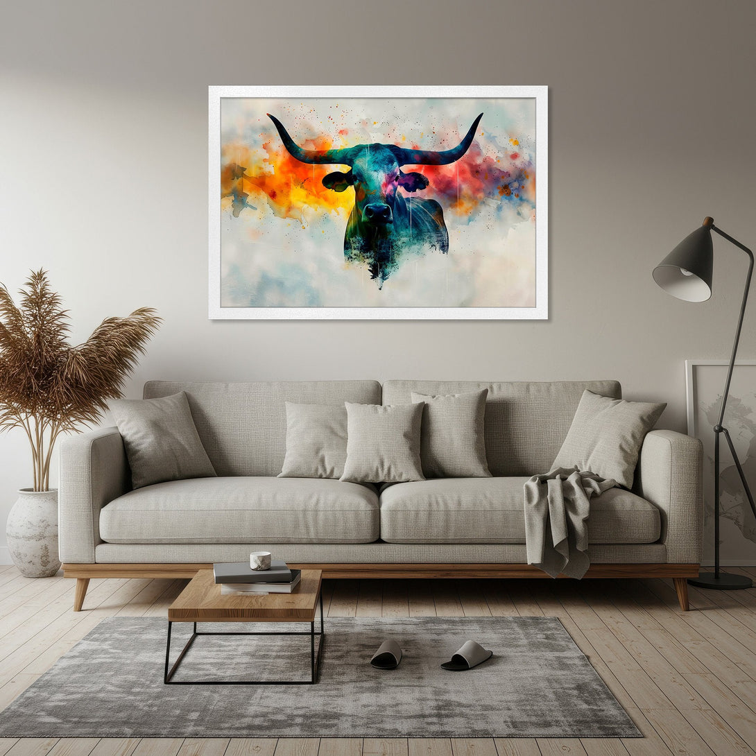 Framed Poster of a watercolor bull with vibrant colors. Modern art style, perfect for home decor, featuring a colorful palette.