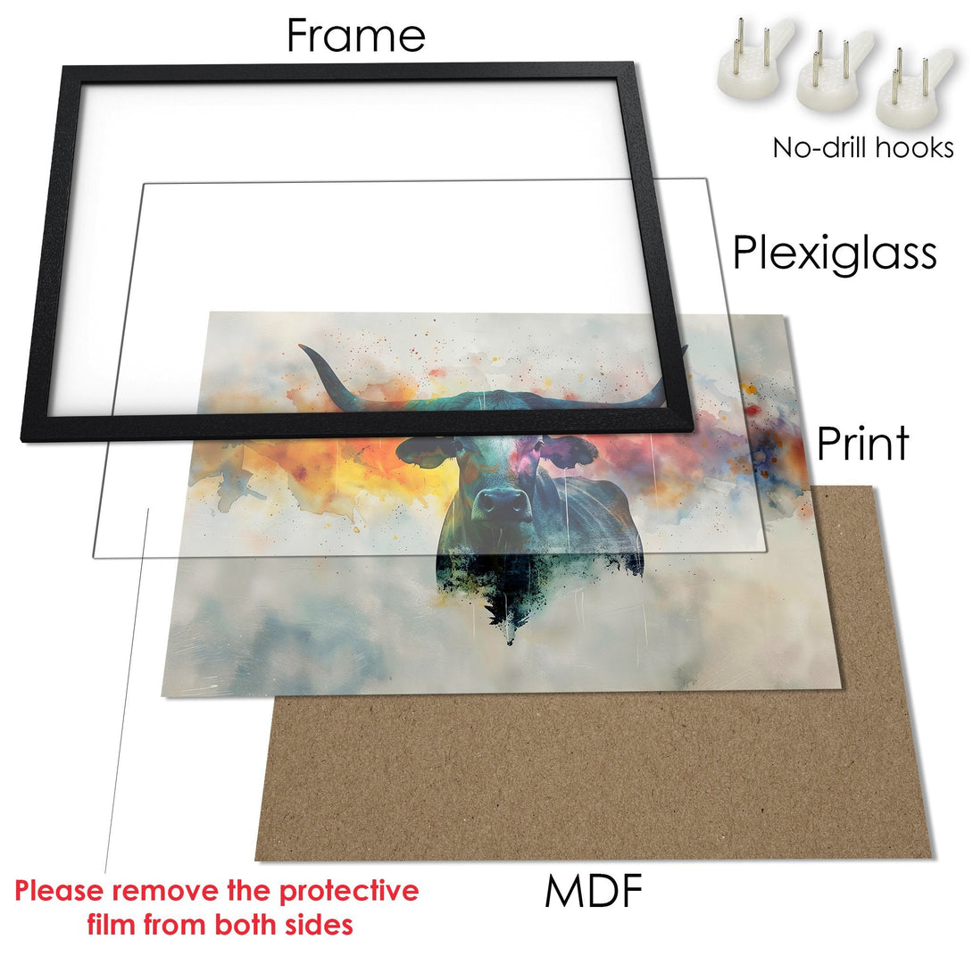 Framed Poster featuring a watercolor bull in a vibrant, colorful palette. Perfect art for your home!