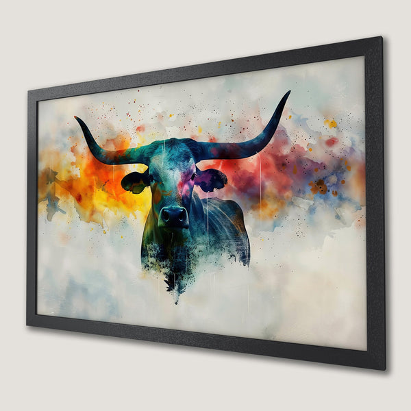 Framed Poster of a Longhorn bull in watercolor style. Vibrant colors of blue, orange, and yellow. Perfect wall art for any space.