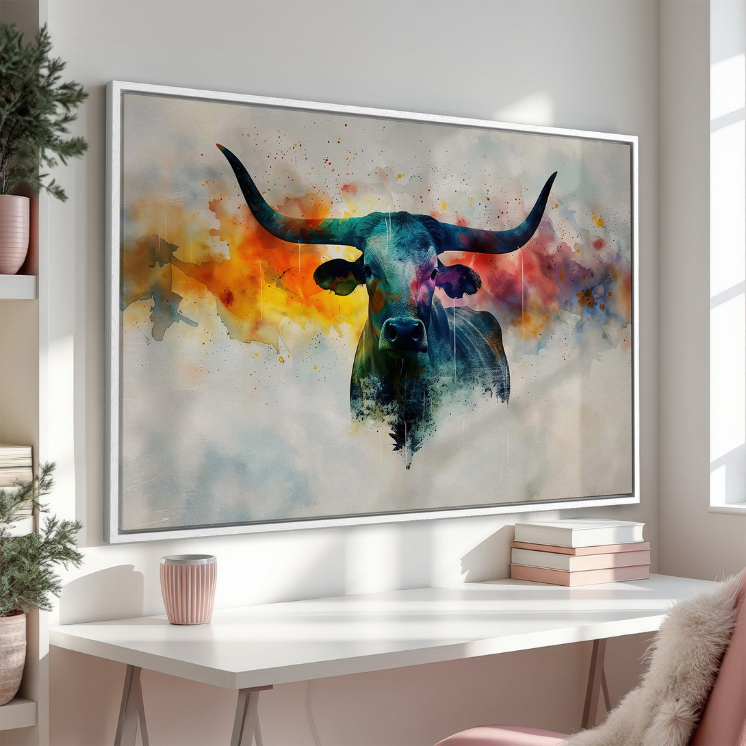 Framed Wall Art featuring a vibrant watercolor painting of a longhorn bull. Colorful abstract art with a warm, inviting palette for modern home decor.