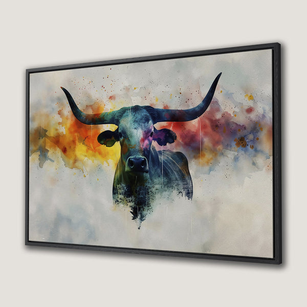 Framed Wall Art: Watercolor bull print in a vibrant, abstract style. Features a bold color palette of blues, oranges, and yellows. Perfect for modern decor.