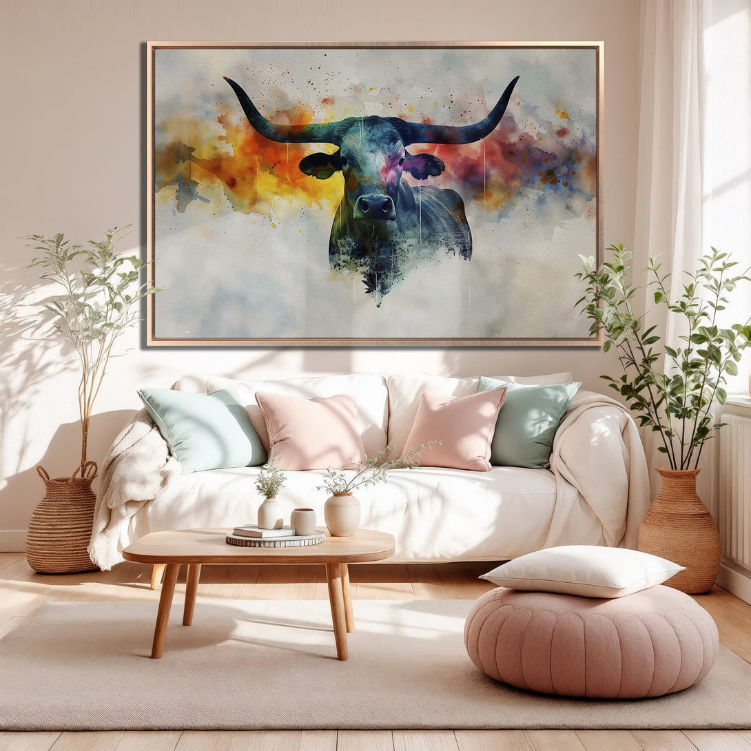 Framed Wall Art of a watercolor-style bull in a living room. Features a warm, neutral color palette with pops of color. Perfect for modern home decor.