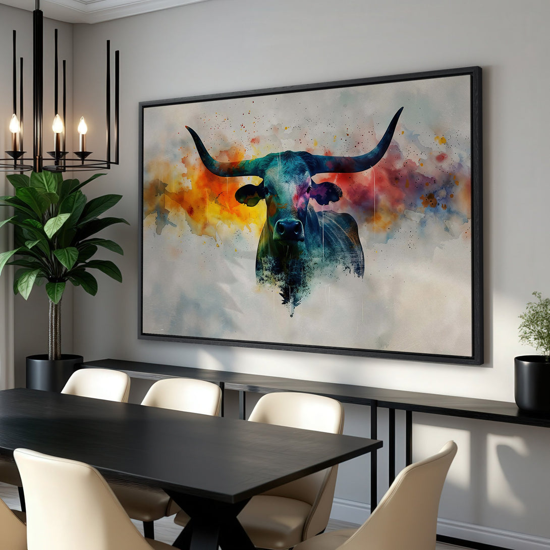 Framed Wall Art featuring a watercolor bull in vibrant blues, oranges, and yellows. Modern decor for your dining room!