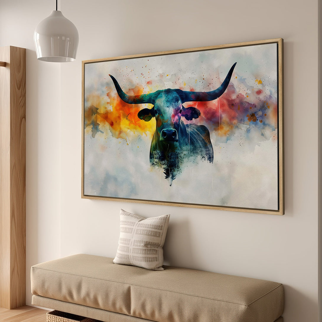 Framed Wall Art: Watercolor bull print in vibrant blues, oranges, and yellows. Modern art for home decor. Enhance your space with this stunning canvas print!