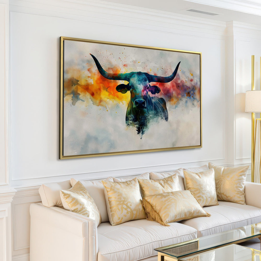 Watercolor Canvas Print of a bull in a modern living room. Features a vibrant, colorful palette. Perfect for adding art to your home!
