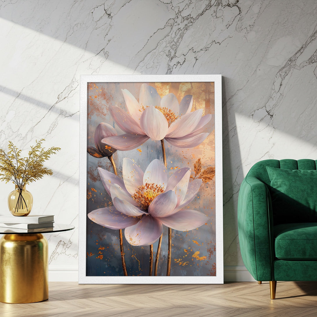 Framed Poster featuring elegant lotus flowers in soft pink and gold tones. Perfect wall art for a serene and stylish space.