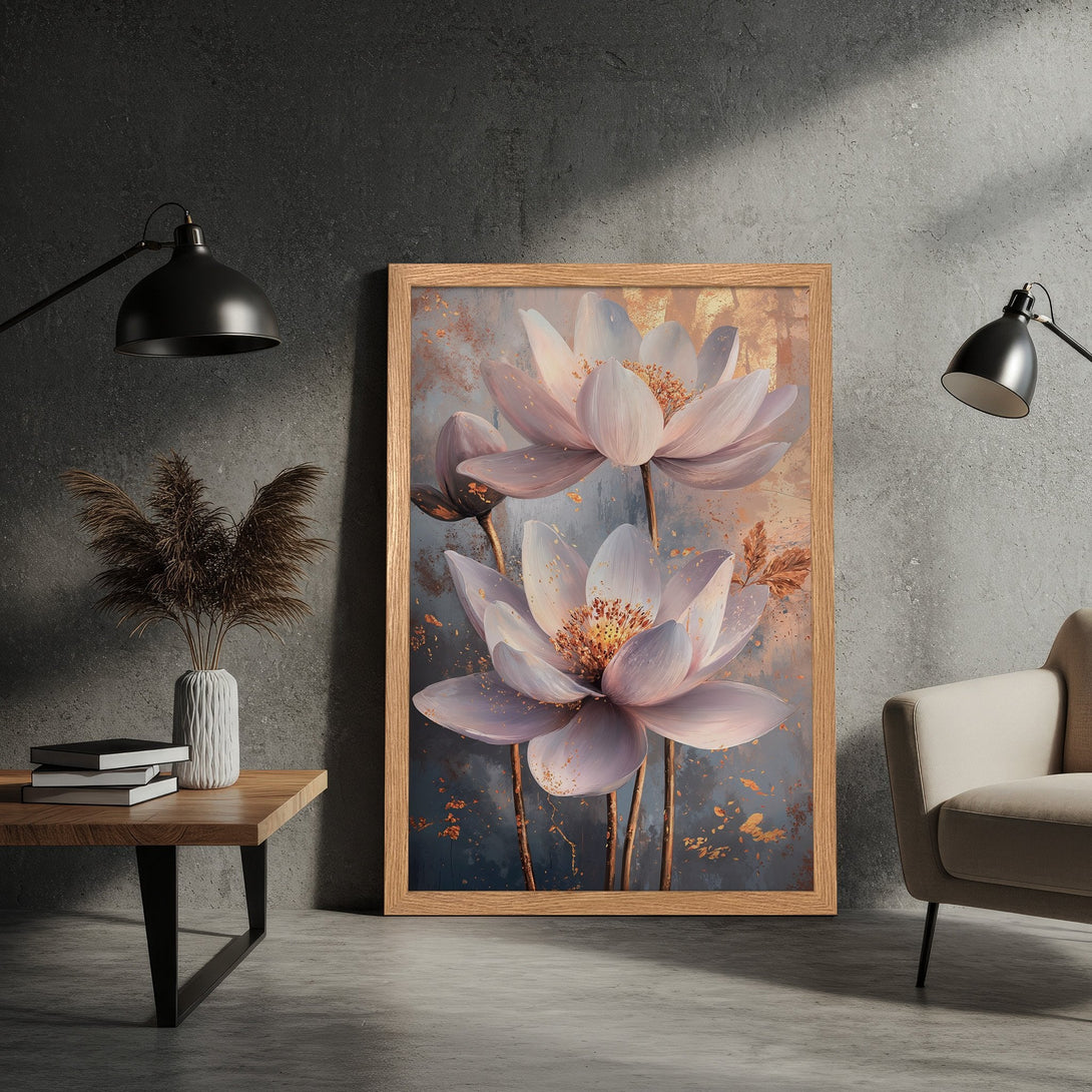 Framed Poster featuring elegant lotus flowers in a soft, pastel color palette. Perfect wall art for a serene and stylish home.