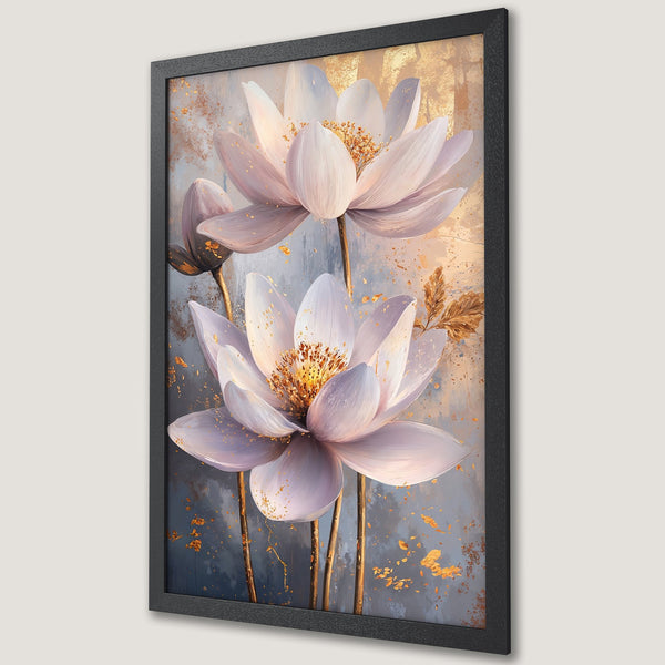 Framed Poster featuring elegant lotus flowers in soft pastel colors with gold accents, perfect wall art for a serene space.