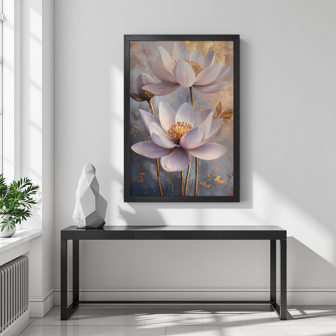 Framed Poster featuring elegant white lotus flowers with gold accents, soft blue and beige tones. Perfect wall art.