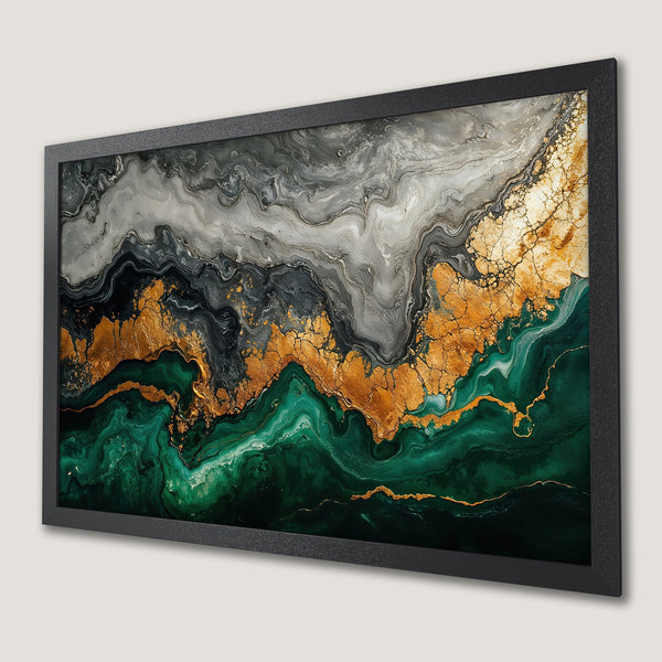Framed Poster featuring abstract marble art in green, gold, and gray tones. Modern wall decor.