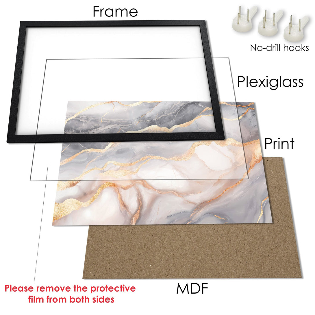 Framed Poster featuring a marble design in gray, gold, and white. Modern art style, perfect for home decor.