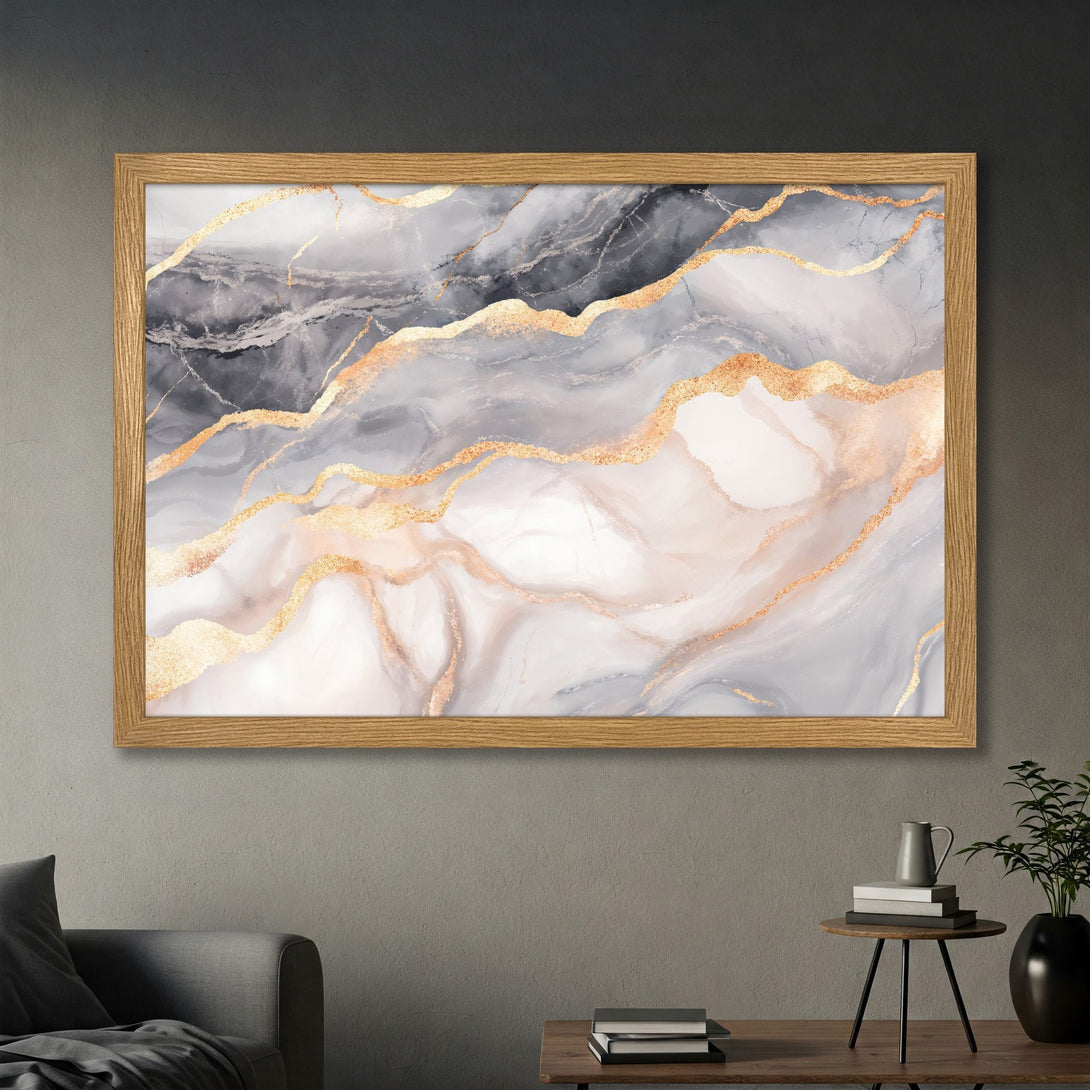 Framed Poster featuring abstract marble art in a gray, white, and gold color palette. Elevate your space with this stunning wall art!