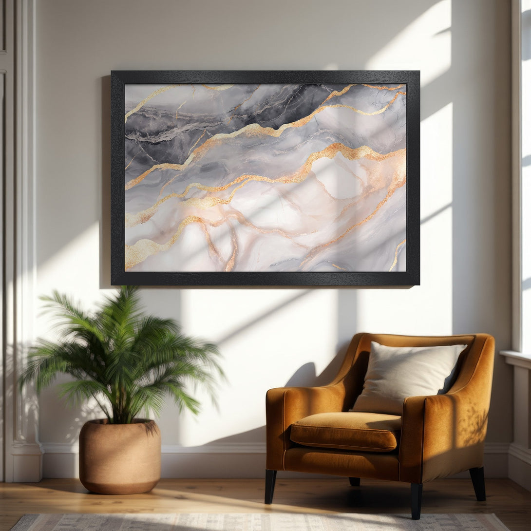 Framed Poster: Abstract marble art in gray, gold, and blush tones. Modern style for home decor.