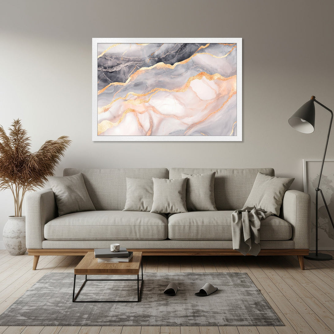 Framed Poster featuring abstract gold, gray, and blush art. Modern style wall decor for a stylish home.
