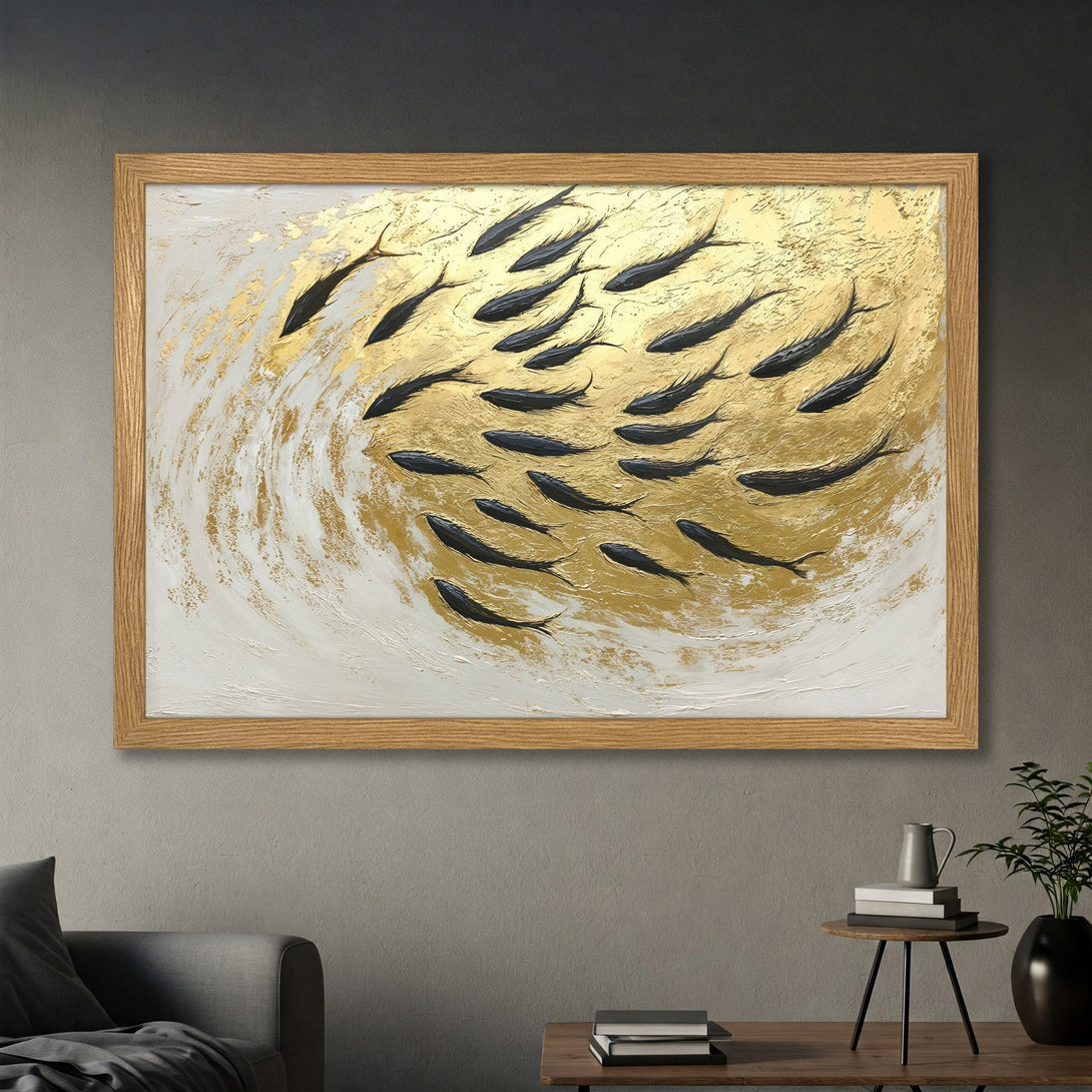 Framed Poster featuring a school of black fish on a gold and white abstract background. Modern art with a neutral color palette.