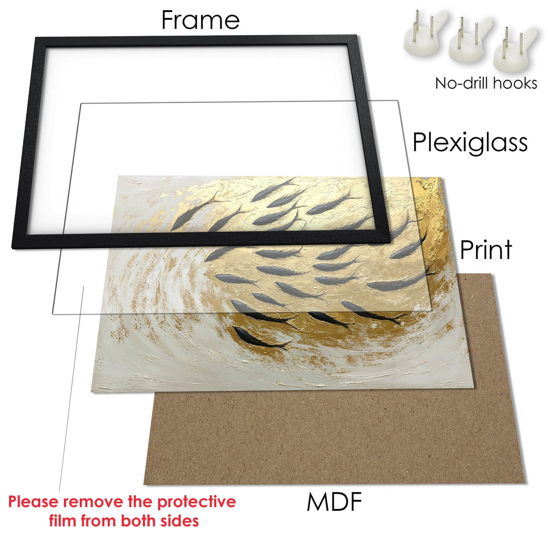 Framed Poster featuring abstract fish art in gold, gray, and white. Modern style, perfect for any space.