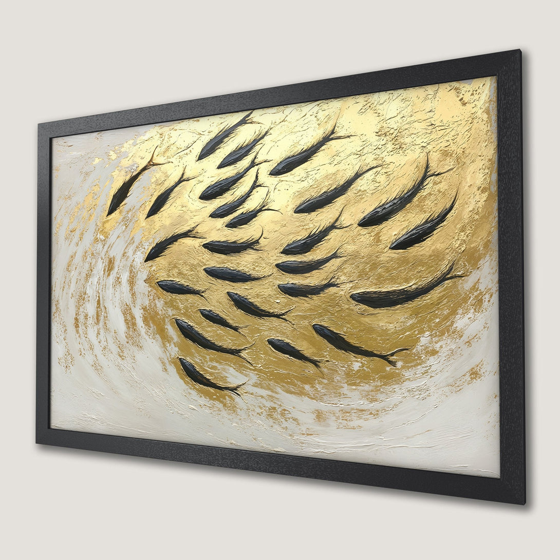 Framed Poster featuring a school of fish in a textured, gold and black abstract style. Modern art print for home decor.