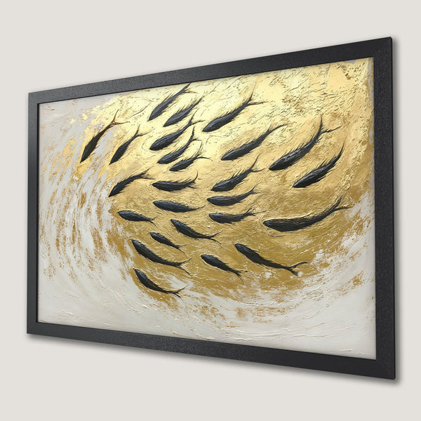 Framed Poster featuring a school of fish in a textured, gold and black abstract style. Modern art print for home decor.
