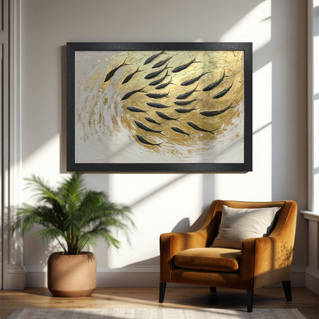 Framed Poster: Abstract fish art in gold and black, perfect for modern home decor. Enhance your space with this stylish poster!